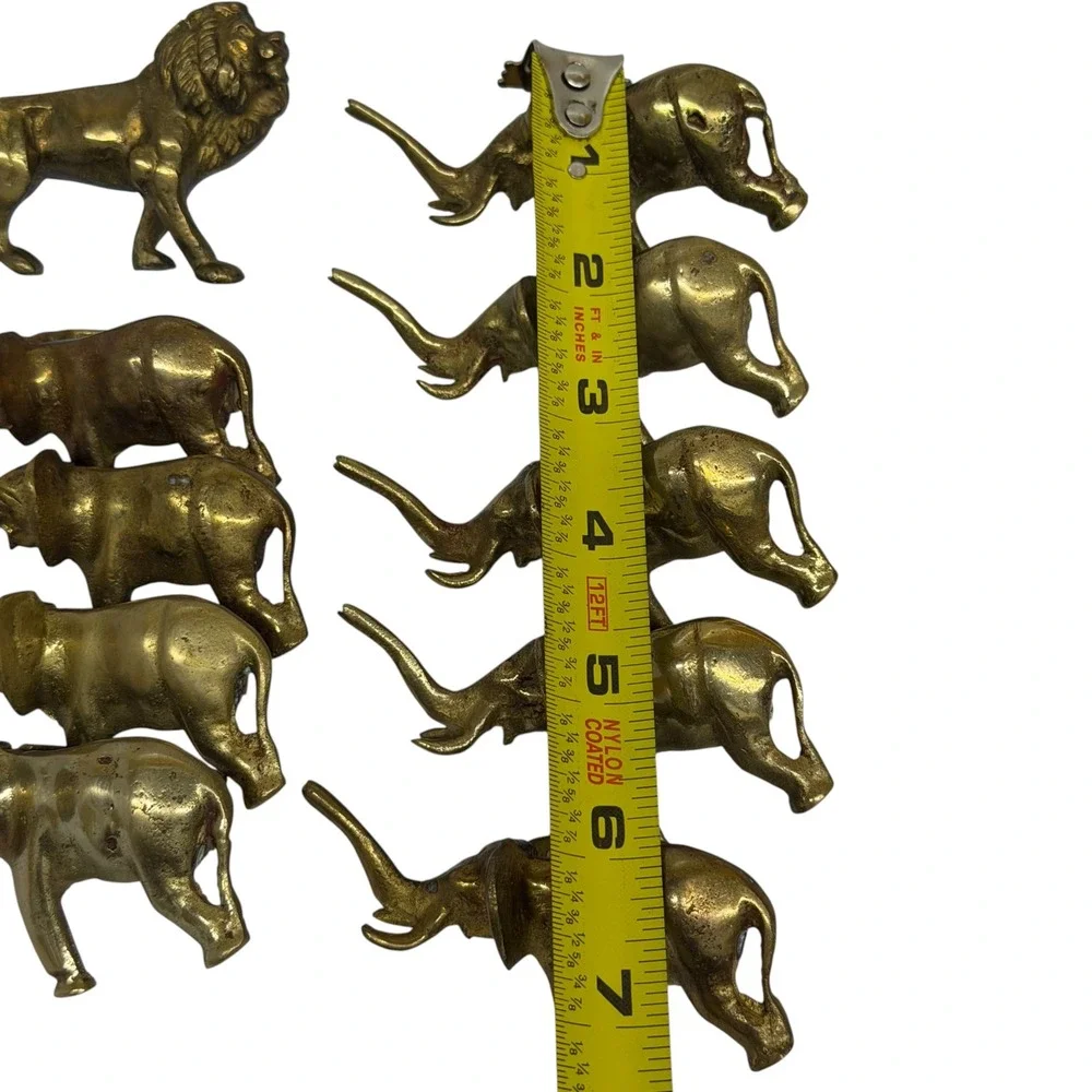 Vintage Brass Elephant and Lion Napkin Rings Set of 10 Made in India Gold Tone